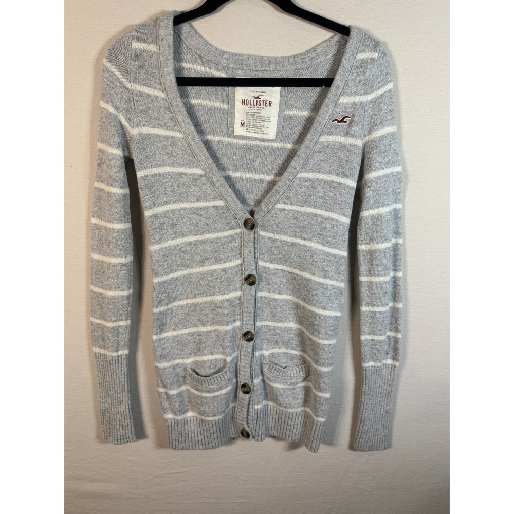 Hollister California Gray White Striped V-Neck Cardigan Sweater Rabbit Hair Med